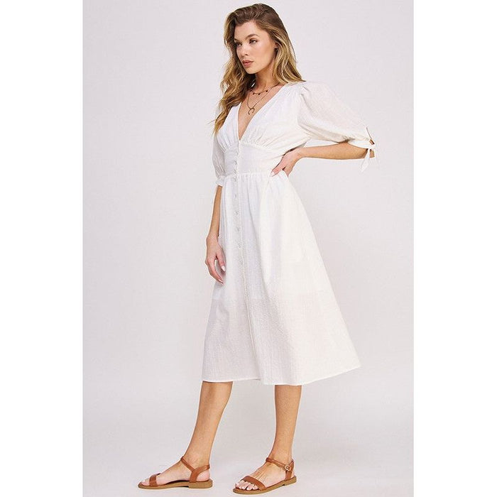 3/4 PUFF SLV TEXTURE VNECK BUTTON DOWN MIDI DRESS