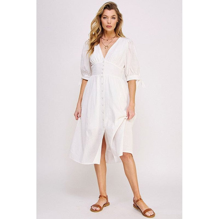 3/4 PUFF SLV TEXTURE VNECK BUTTON DOWN MIDI DRESS