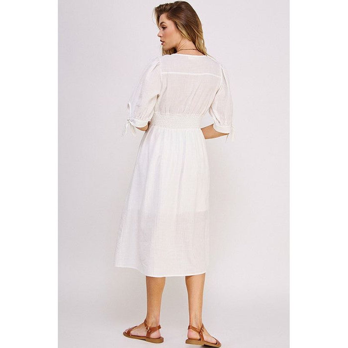 3/4 PUFF SLV TEXTURE VNECK BUTTON DOWN MIDI DRESS