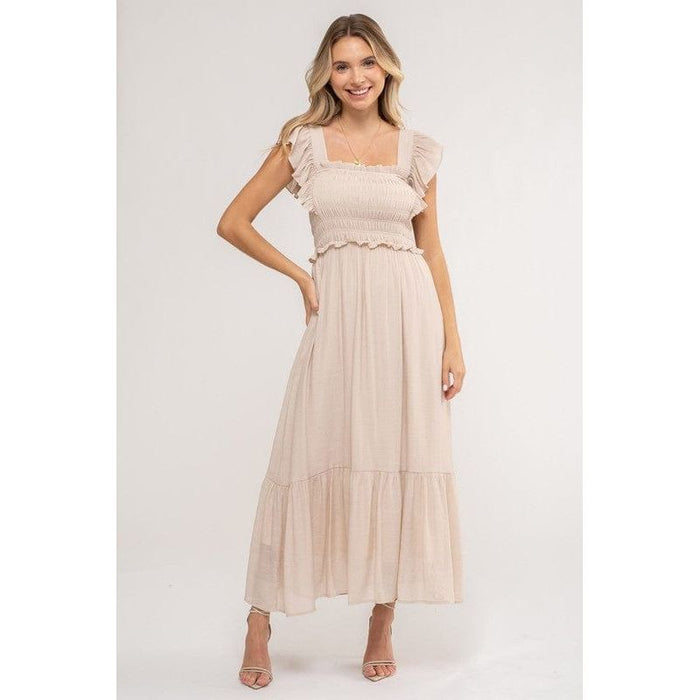 Smocked Ruffle Sleeve Midi Dress