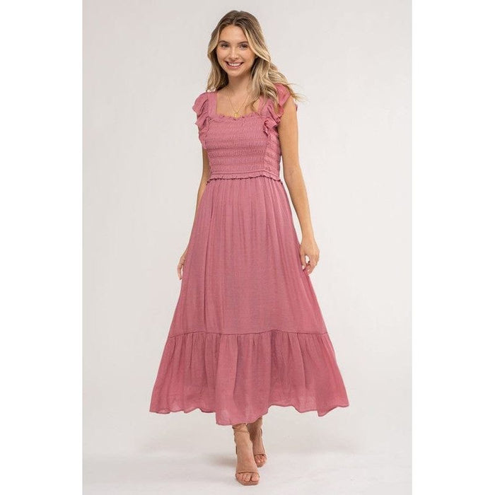 Smocked Ruffle Sleeve Midi Dress