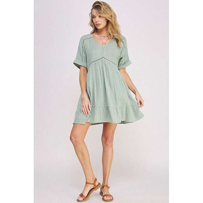 TEXTURED SHORT SLV BUTTON DOWN V-NECK SHORT DRESS