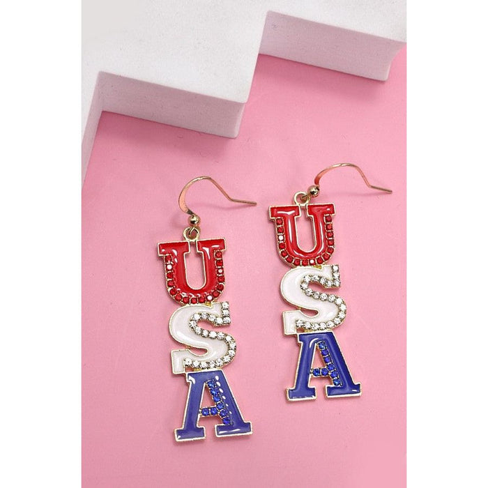 4th Of July Rhinestone Usa Drop Earrings