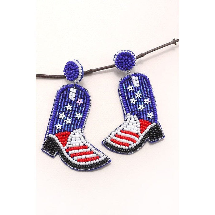 4th Of July Seedbead Boot Flag Drop Earrings