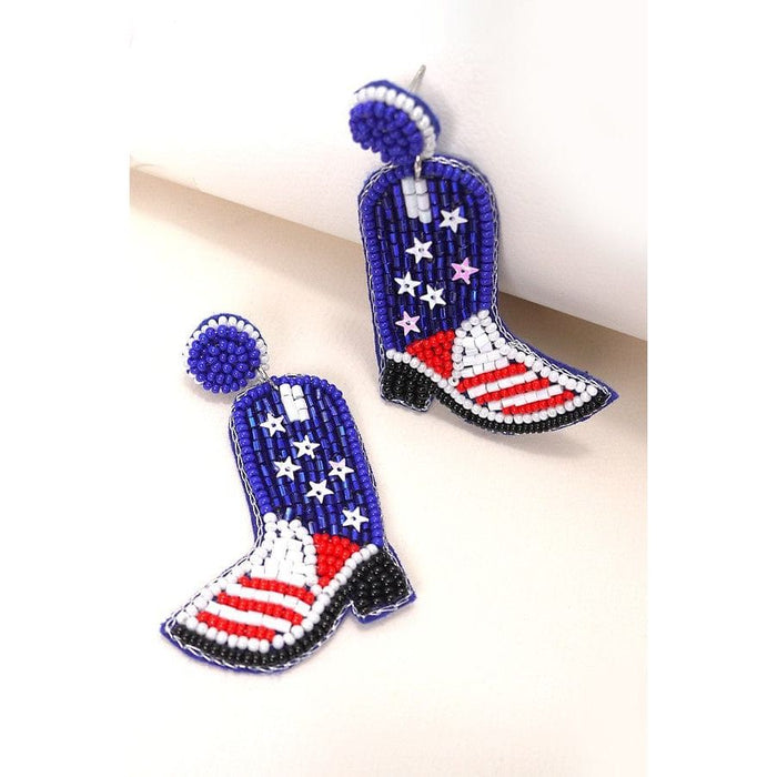 4th Of July Seedbead Boot Flag Drop Earrings