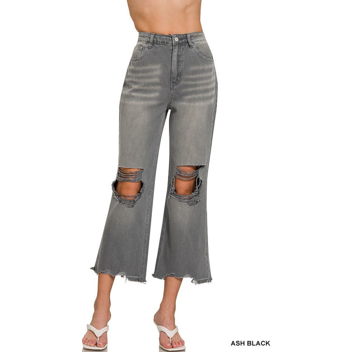 Washed Distressed Knee And Hem Cropped Pants