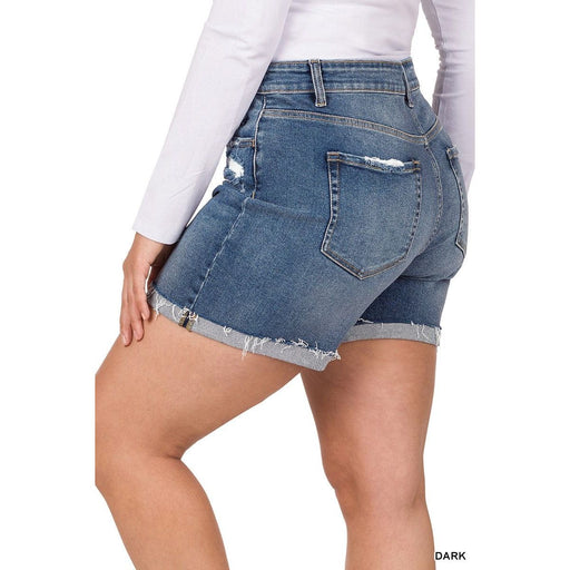 Plus Distressed Cuffed Raw Hem Denim Shorts