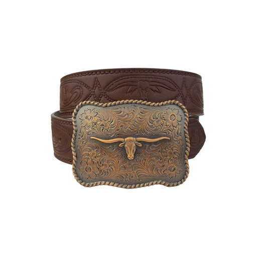 Copper Long Horn Buckle with matching Tooled belt