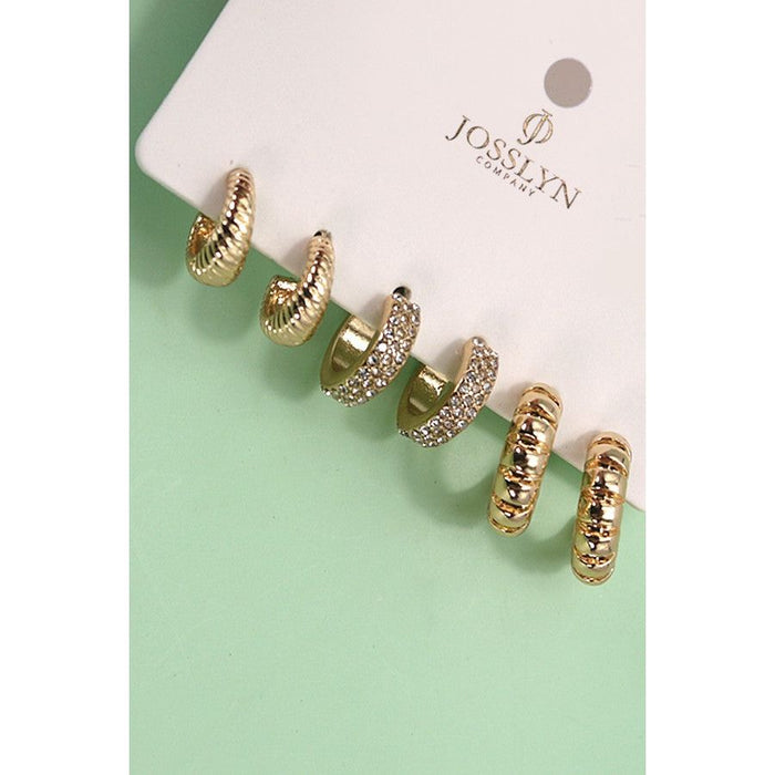 Trio Rhinestone Textured Huggie Hoop Earrings