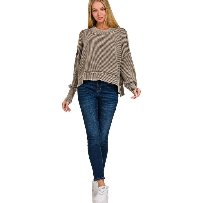 Washed Side Slit Oversized Cropped Sweater