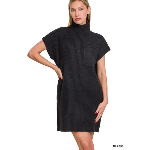 Mock Neck Short Sleeve Sweater Dress With Pocket