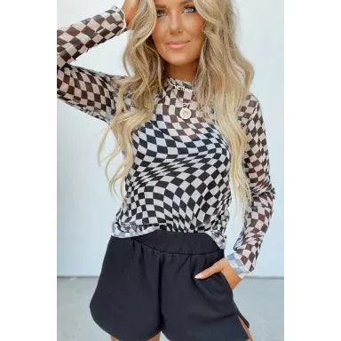 Black Checkered Pattern Mesh Mock Neck Long Sleeve Top