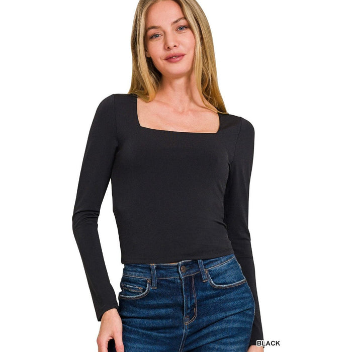 Double Layered Square Neck Fitted Long Sleeve Tee