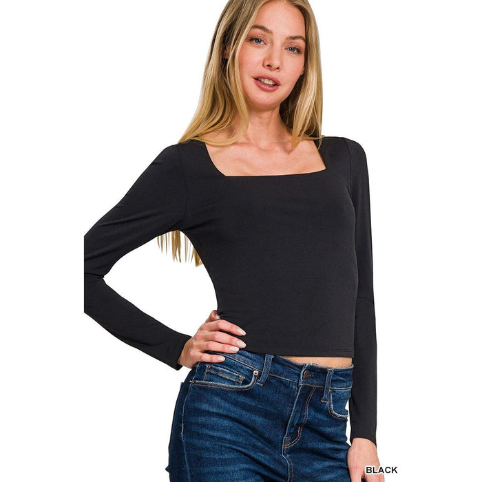 Double Layered Square Neck Fitted Long Sleeve Tee