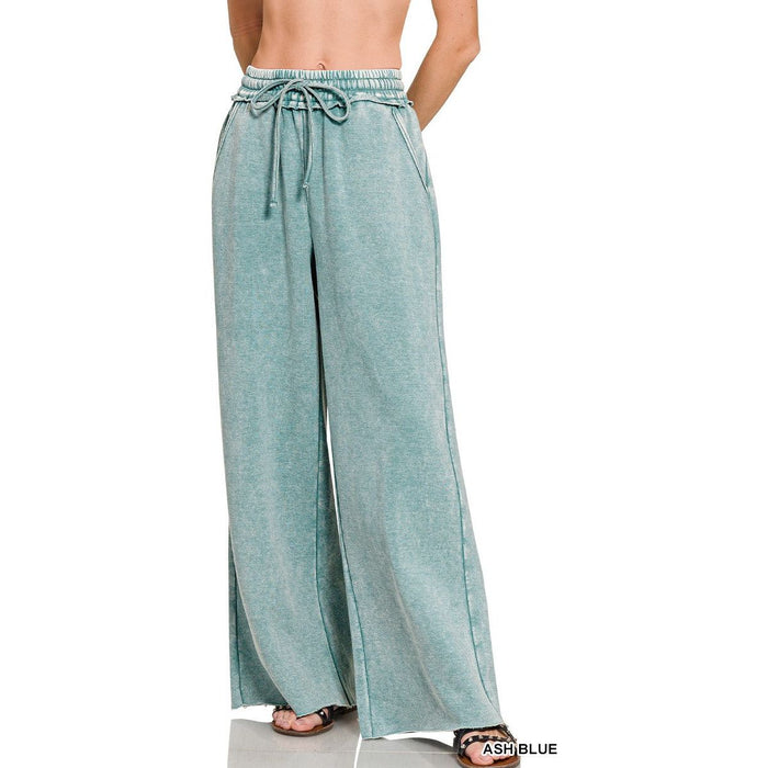 Acid Wash Fleece Palazzo Sweatpants With Pockets