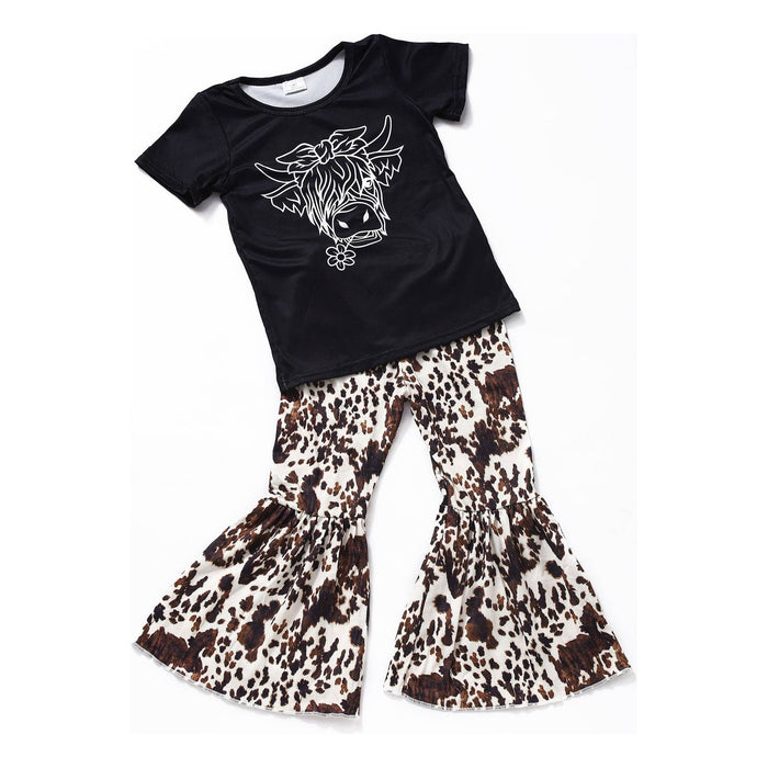 Girls Black Highland Cow Bell Bottom Pants Sets