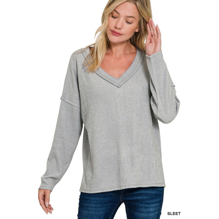 Ribbed V-neck Drop Shoulder Top