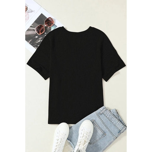Black Corded V Neck Chest Pocket Loose T-shirt