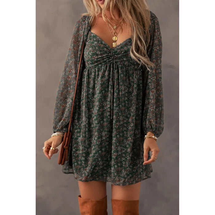 Green Floral Print Sweetheart Neck Shirred Back Mini Dress