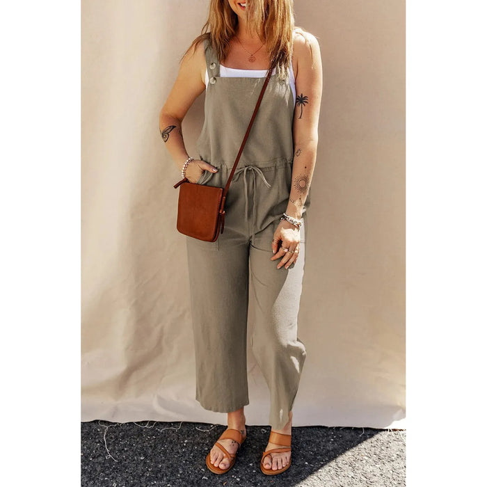 Sage Green Drawstring Buttoned Straps Cropped Overall