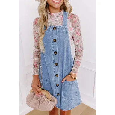 Beau Blue Wide Strap Button Front Pocketed Denim Mini Dress