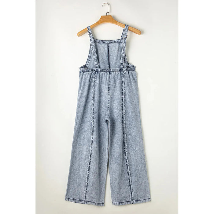 Beau Blue Light Wash Frayed Exposed Seam Wide Leg Denim Overall