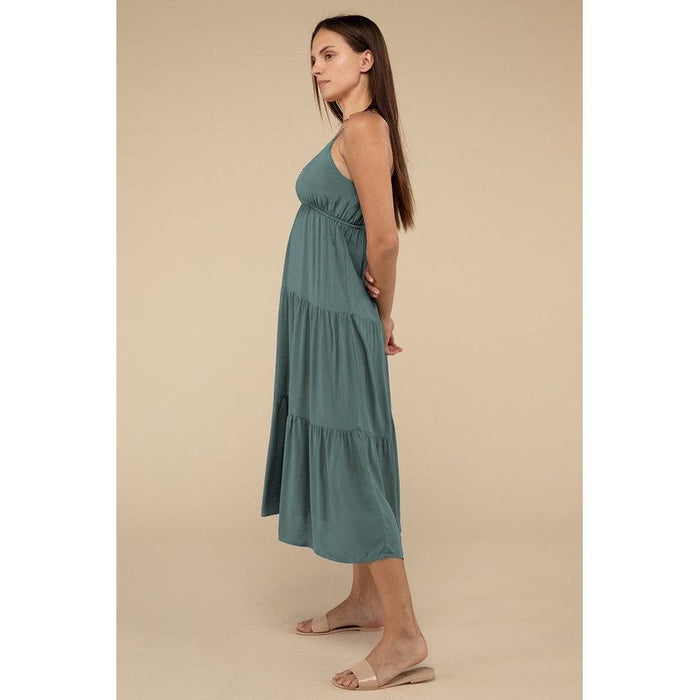 Woven Sweetheart Neckline Tiered Cami Midi Dress