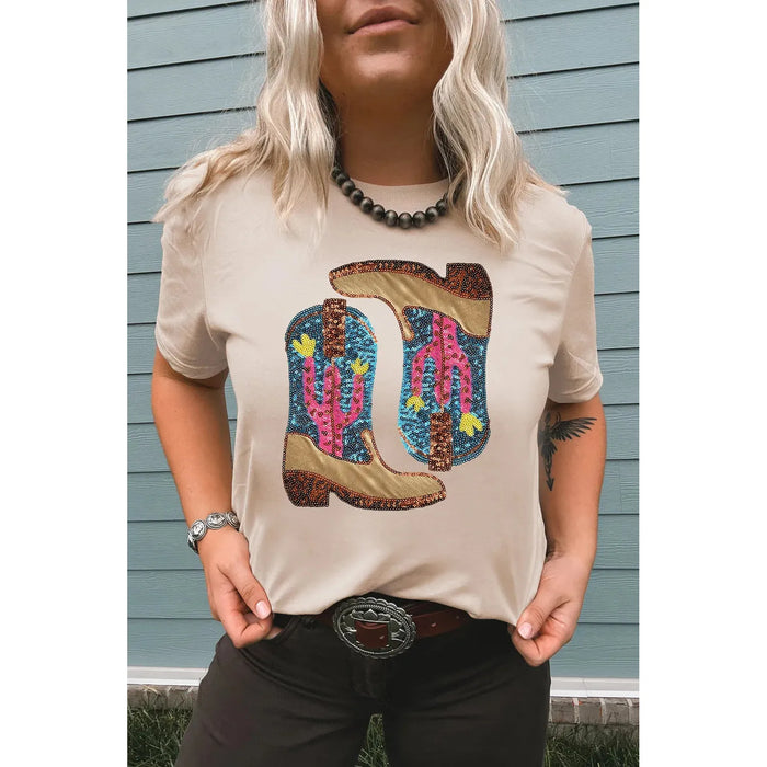 Khaki Sequined Western Boots Crew Neck Graphic Tee