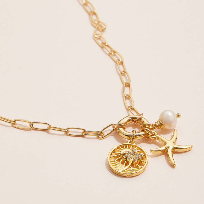 Gold Dipped Starfish Charm Necklace with Pearl Accent