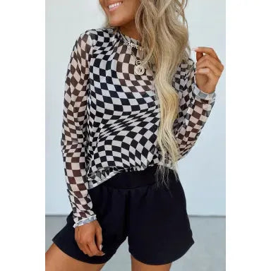 Black Checkered Pattern Mesh Mock Neck Long Sleeve Top