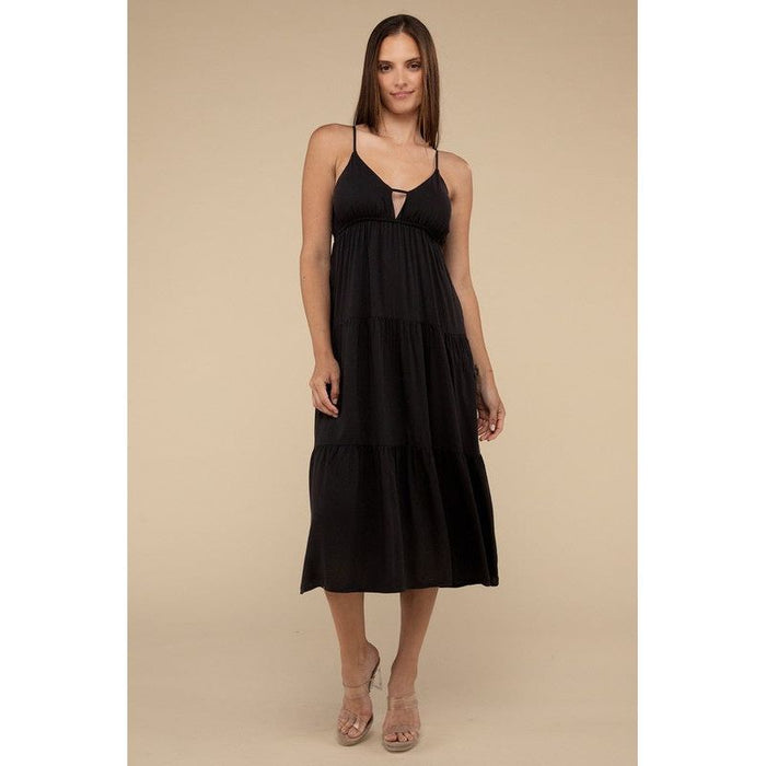 Woven Sweetheart Neckline Tiered Cami Midi Dress