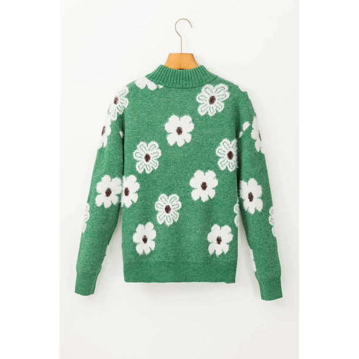 Green Floral Pattern Half Zip Drop Shoulder Sweater