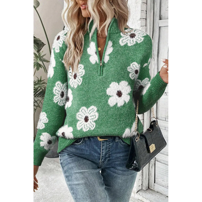 Green Floral Pattern Half Zip Drop Shoulder Sweater