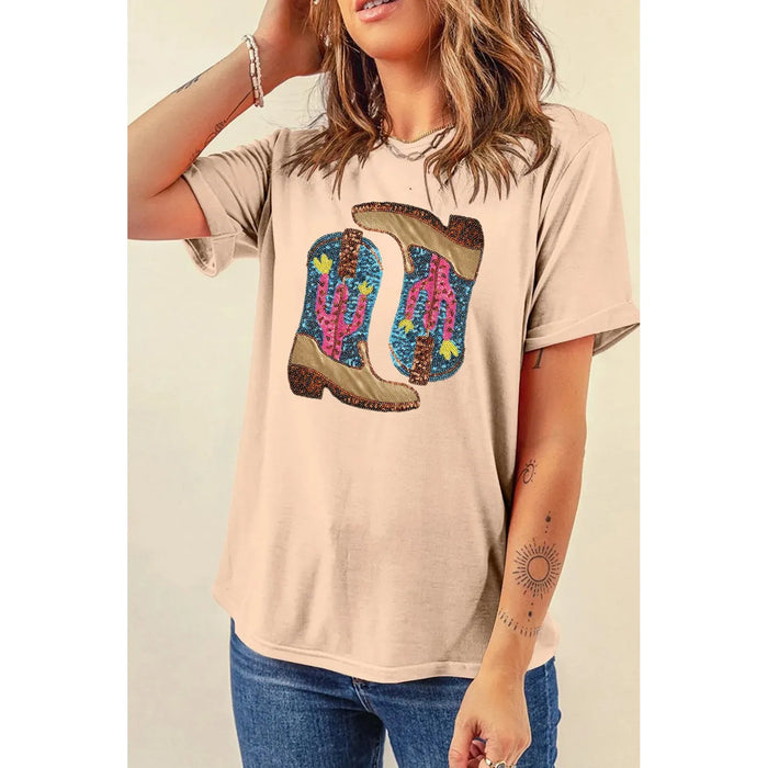 Khaki Sequined Western Boots Crew Neck Graphic Tee