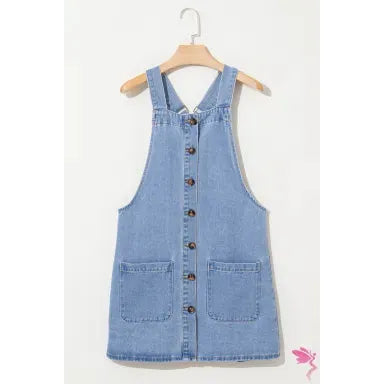 Beau Blue Wide Strap Button Front Pocketed Denim Mini Dress