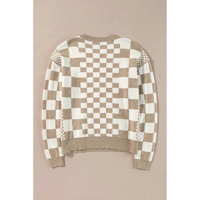 Khaki Checkered Print Drop Shoulder Round Neck Sweater