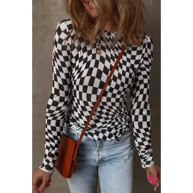 Black Checkered Pattern Mesh Mock Neck Long Sleeve Top