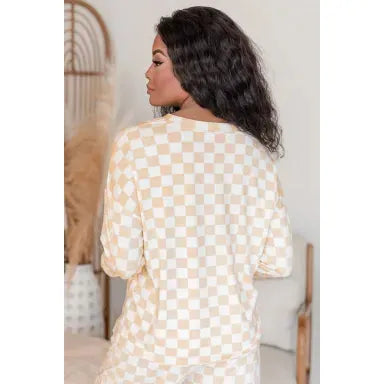 Beige Checkered Print Long Sleeve Top and Pants Lounge Set