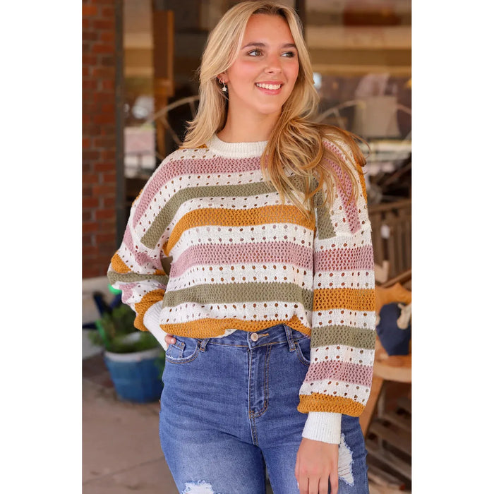 Multicolor Striped Hollowed Knitted Loose Sweater