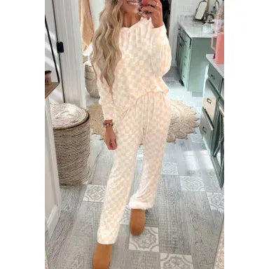 Beige Checkered Print Long Sleeve Top and Pants Lounge Set