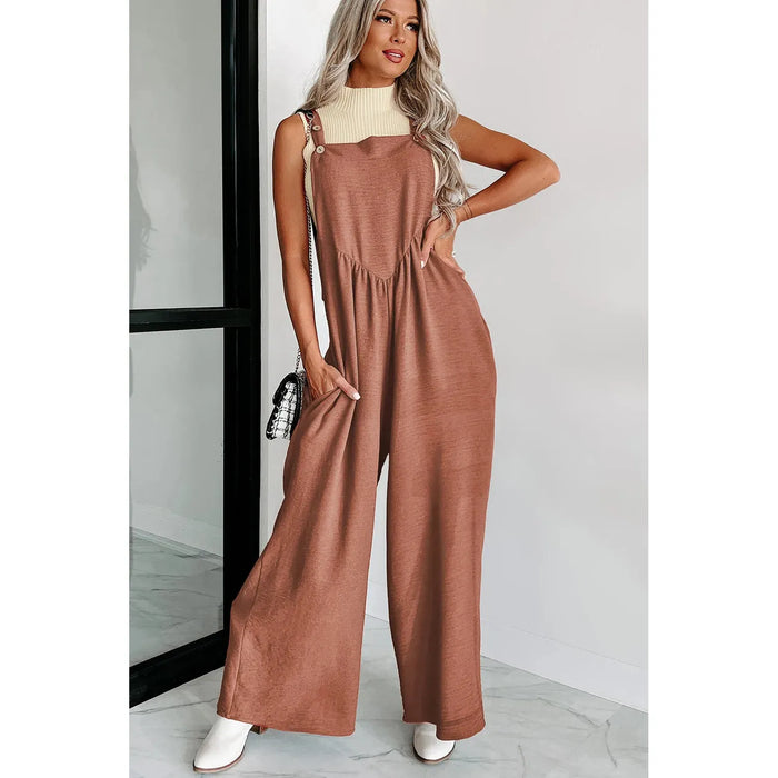 Gold Flame Textured Buttoned Straps Ruched Wide Leg Jumpsuit