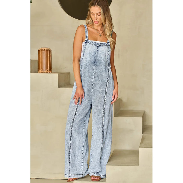 Beau Blue Light Wash Frayed Exposed Seam Wide Leg Denim Overall