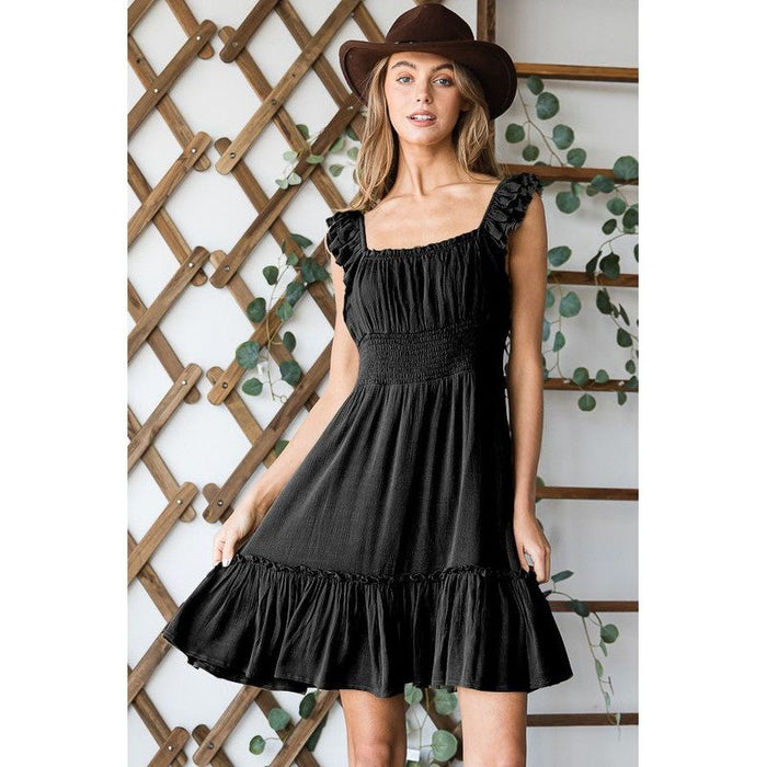 Ruched waist ruffled sleeveless dress