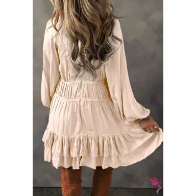 Apricot Tiered Ruffled Puff Sleeve Loose Fit Mini Dress