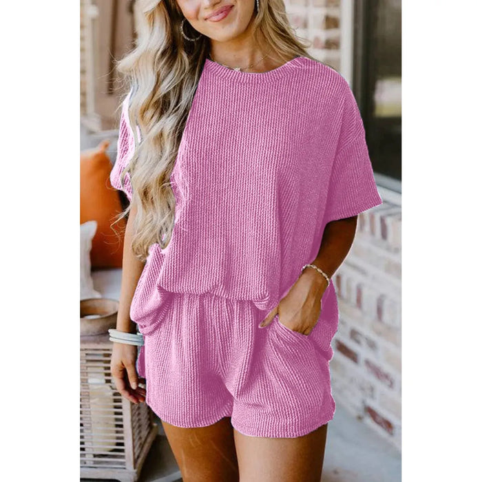 Phalaenopsis Ribbed Textured Knit Loose Fit Tee and Shorts Set