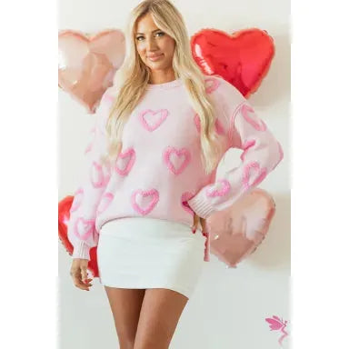 Pink Heart Shape Bubble Sleeve Baggy Sweater