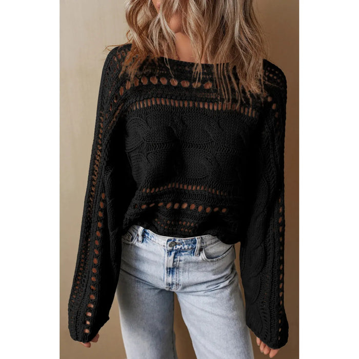 Black Hollow-out Cable Knit Cropped Sweater