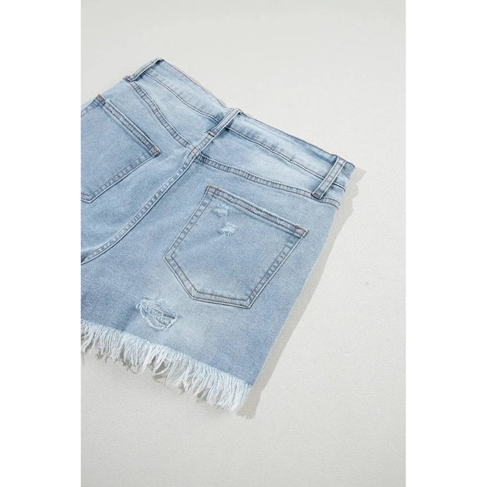 Light Blue Distressed Ripped Raw Hem High Waist Denim Shorts