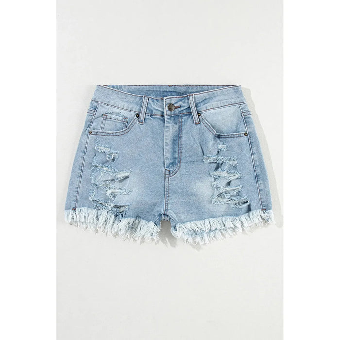 Light Blue Distressed Ripped Raw Hem High Waist Denim Shorts