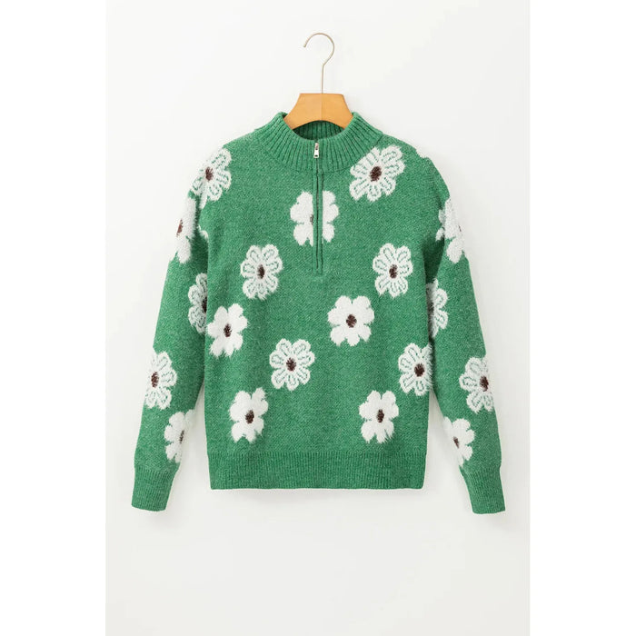 Green Floral Pattern Half Zip Drop Shoulder Sweater